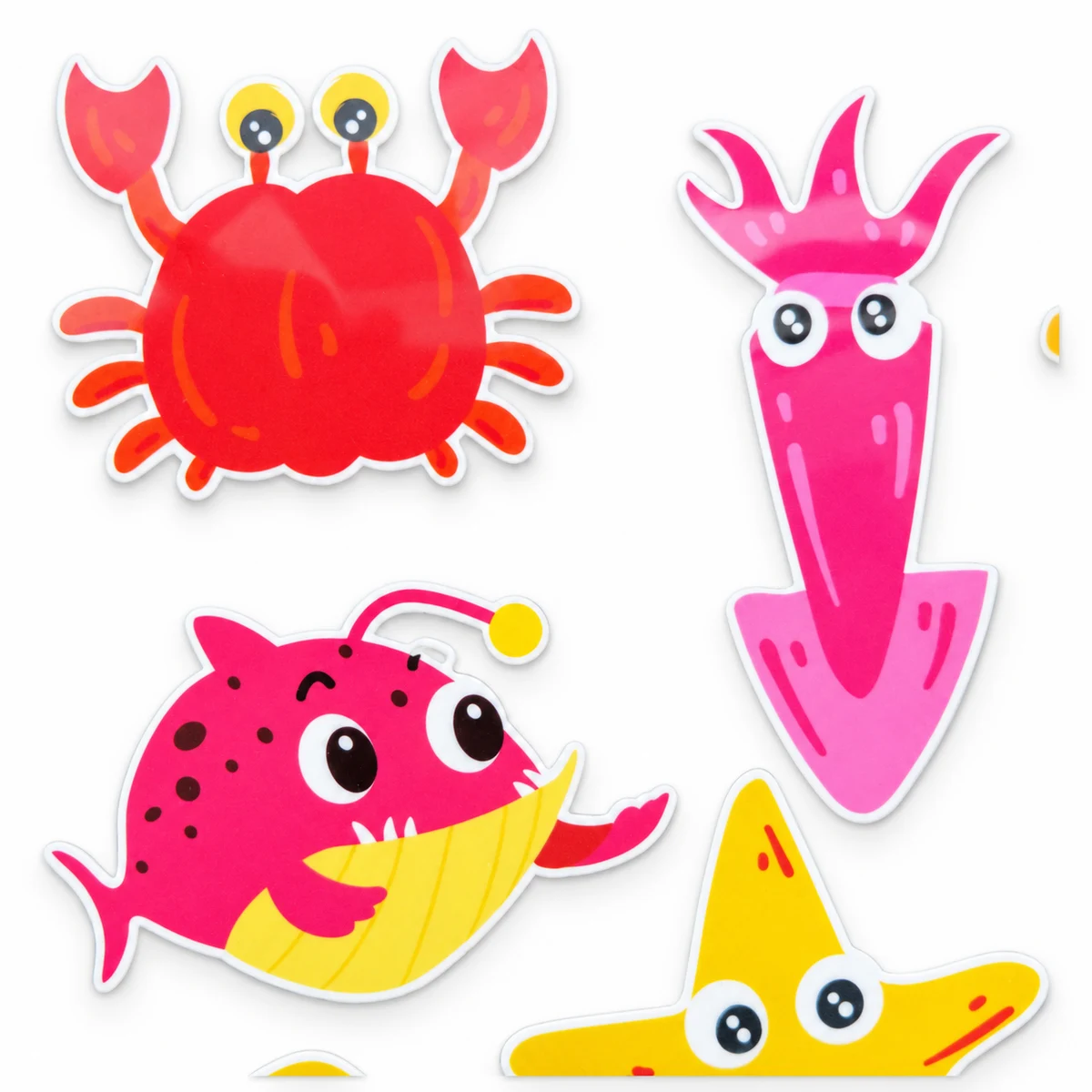Marine-themed reusable silicone sticker samples with crab, squid and fish designs