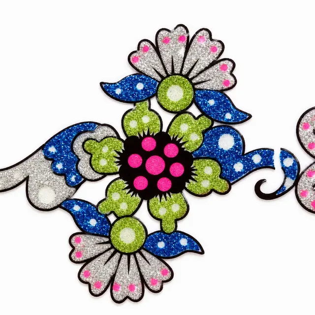 Glitter floral temporary tattoo sample in blue, silver, green and pink